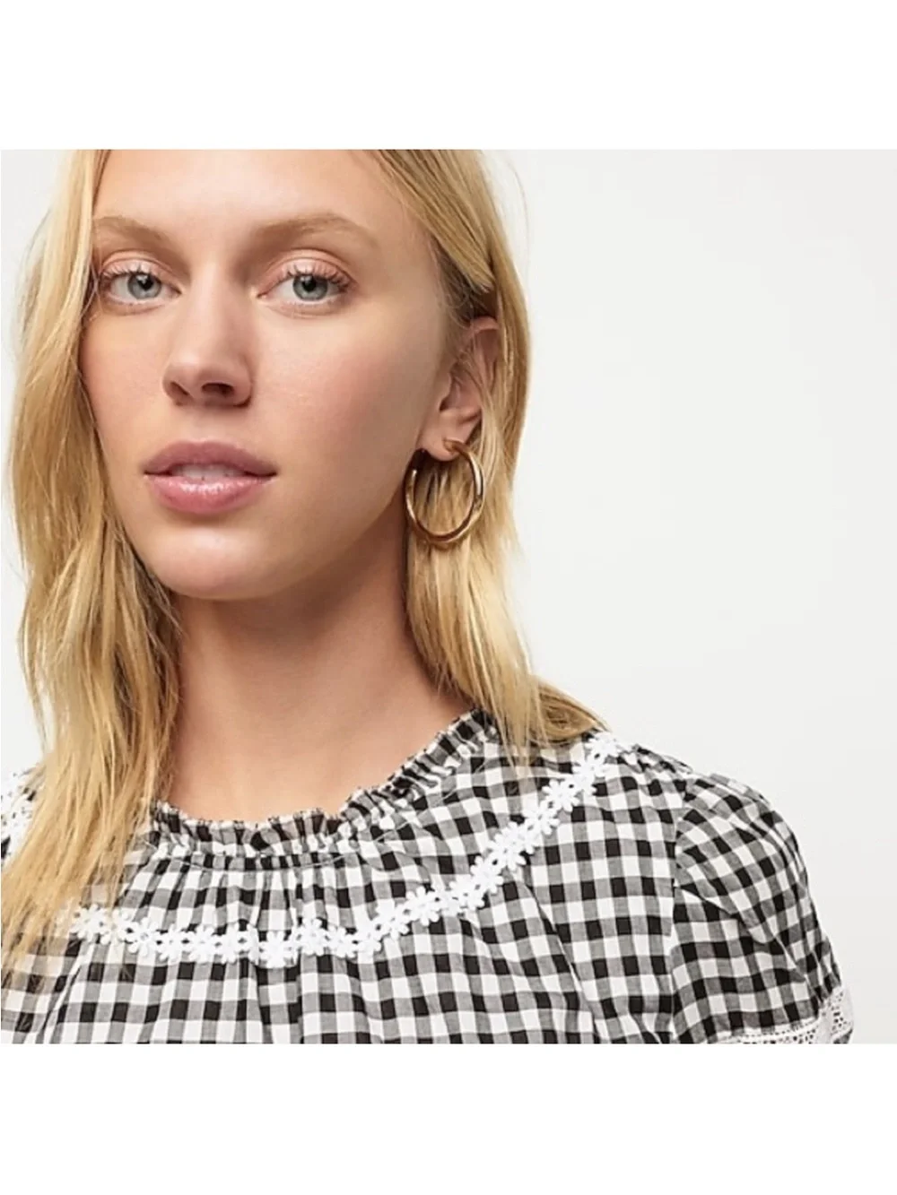 J. Crew Daisy Chain Black & White Gingham Smocked Waist Short Sleeve XS Top